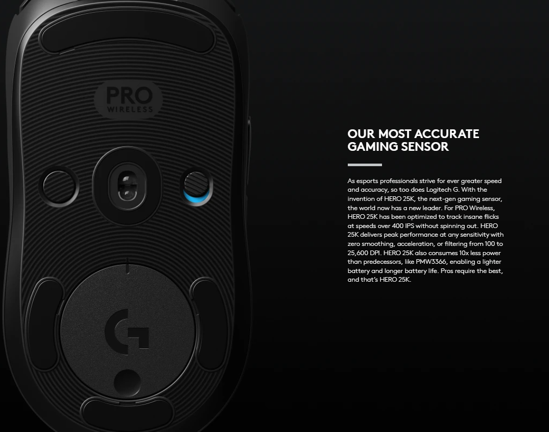 Logitech G Pro Wireless Gaming Mouse HERO 25K Sensor , Wireless Lightspeed ,Ultra Lightweight, 4-8 Programmable Buttons , Lightsync RGB ( 910-005274 )